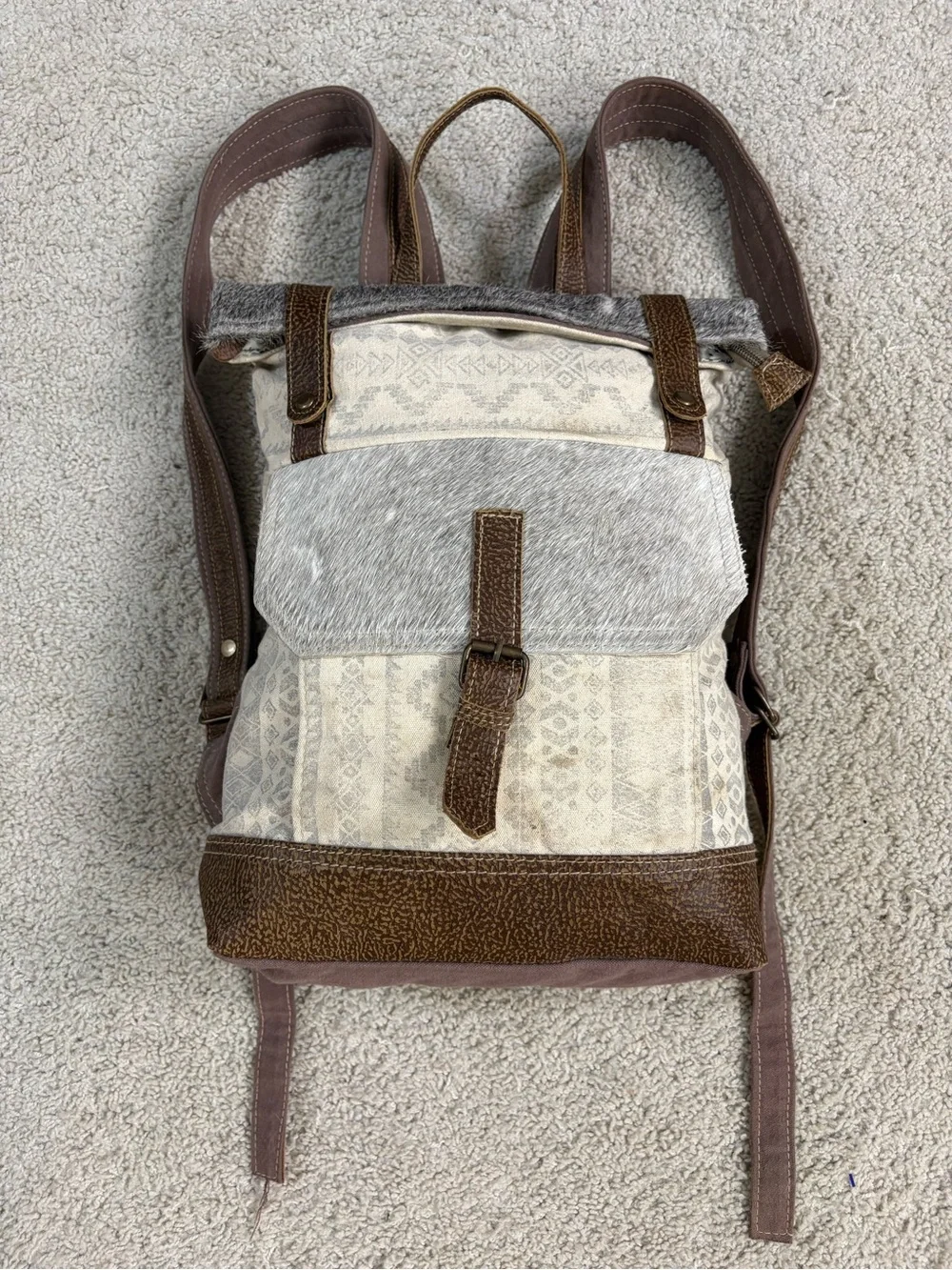 MYRA BAG Ivory Beige Brown WESTERN BOHO Canvas LEATHER Hair on COWHIDE Backpack